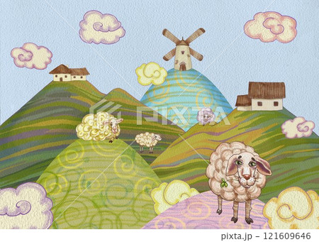 Watercolor illustration of hills, fluffy clouds, windmills, quaint houses and a sheeps. Perfect for rural tourism brochures, farm-themed products, greeting cards, apps, children's books, and stickers. 121609646