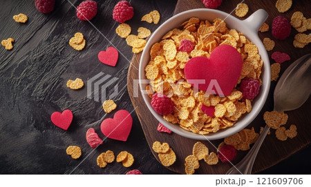 a bowl of golden cereal flakes decorated with red paper hearts and fresh raspberries 121609706