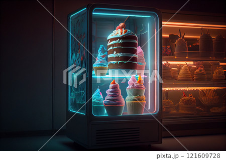 small kitchen appliances fridge with neon colors illumination. modern household refrigerator with glass door. small kitchen appliances fridge with neon colors illumination. modern household refrigerator with glass door. 121609728