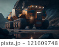 Large quarry dump truck. Big yellow mining truck at work site. Loading coal into body truck. Production useful minerals. Mining truck mining machinery to transport coal from open-pit production 121609748