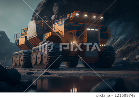 Large quarry dump truck. Big yellow mining truck at work site. Loading coal into body truck. Production useful minerals. Mining truck mining machinery to transport coal from open-pit production Large quarry dump truck. Big yellow mining truck at work site. Loading coal into body truck. Production useful minerals. Mining truck mining machinery to transport coal from open-pit production 121609748