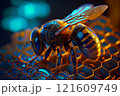 Close up view of the working bees on honeycells. 121609749