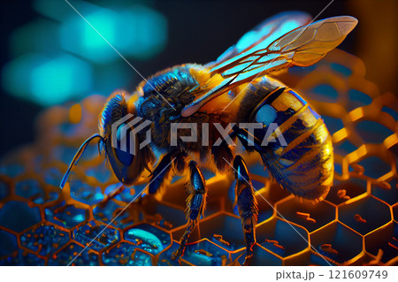 Close up view of the working bees on honeycells. 121609749