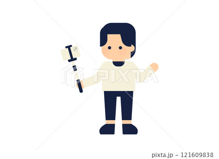 自撮り棒を持つキャラクターイラスト ( ベクター人物素材 デフォルメ シンプル )	 121609838