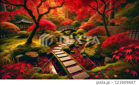 紅葉に彩られた秋の日本庭園 - 落ち着きと風情のある風景のイラスト素材 [121609887] - PIXTA