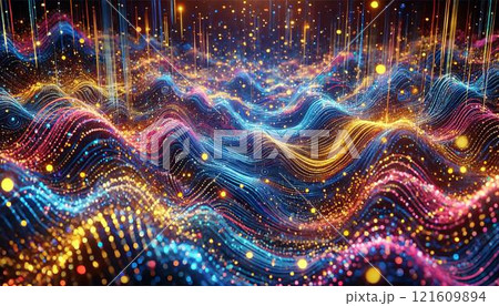 波状に広がるカラフルな光の粒子 - 躍動感と未来感あふれるデザイン 波状に広がるカラフルな光の粒子 - 躍動感と未来感あふれるデザイン 121609894