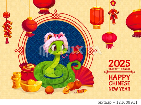 Happy Chinese lunar new year holiday greetings with cute green snake. Vector festive banner with funny reptile in lion dance hat with red lanterns, fan, mandarin fruits, sychee, gold coins and petards 121609911