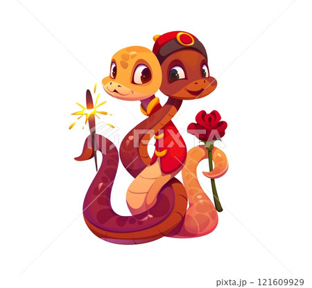 Cartoon Asian snake characters with love feelings. Valentine day intertwined reptiles couple dressed in festive Chinese attire, holding a sparkler and red rose, celebrates love, unity, and festive joy 121609929