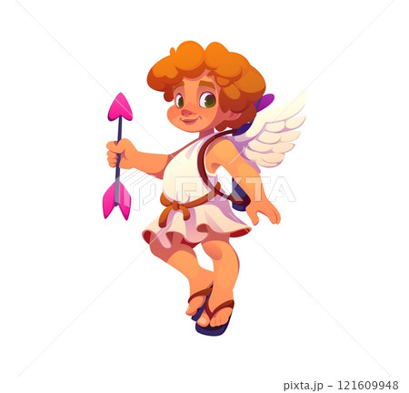 Cartoon valentine cherub and angel character holding a pink arrow, symbol of love and passion. Cute vector Cupid with curly hair, wings and playful expression, dressed in white tunic with a quiver 121609948