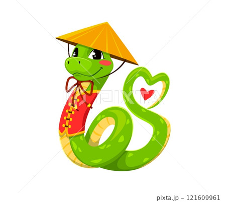 Funny cartoon green snake conveys love, valentine day and Chinese new year character wears conical hat and a traditional red outfit forming its tail into a heart shape with a small red heart inside 121609961