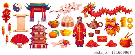 Chinese lunar New Year holiday characters of cartoon dragon, traditional food and red envelopes. Vector asian spring festival gold ingot, fan, fish and firecrackers. Chinese New Year lion mask, temple Chinese lunar New Year holiday characters of cartoon dragon, traditional food and red envelopes. Vector asian spring festival gold ingot, fan, fish and firecrackers. Chinese New Year lion mask, temple 121609967