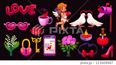 Cartoon Valentine day holiday symbols and characters of love hearts and angels, vector icons. Valentine day cupid cherub with arrows, love balloons message with heart lock or flowers and lips kiss Cartoon Valentine day holiday symbols and characters of love hearts and angels, vector icons. Valentine day cupid cherub with arrows, love balloons message with heart lock or flowers and lips kiss 121609987