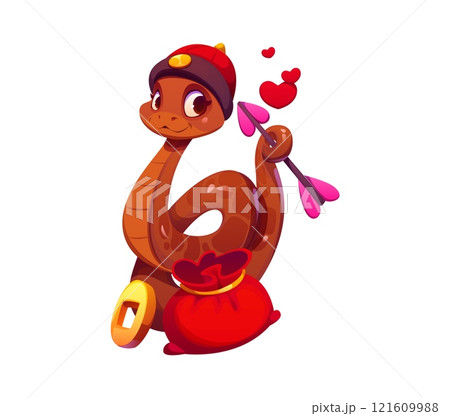 Chinese lunar new year and valentine day cartoon cute snake character wearing festive hat, holding a heart tipped arrow, surrounded by floating hearts, with money pouch and a gold coin lie beside 121609988