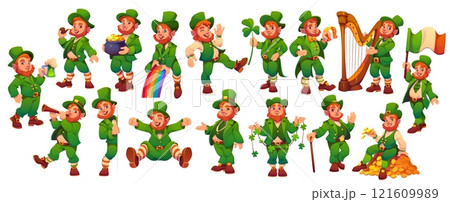 Cartoon Irish leprechaun man characters with beer, rainbow, golden coins and shamrock clover, vector icons. Saint Patrick Day or Ireland holiday leprechaun characters playing harp with green ale beer 121609989