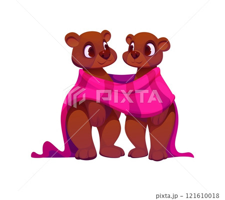 Two adorable cartoon bear characters wrapped in a shared pink blanket symbolize love, warmth, friendship and care, connection and togetherness, Valentine day, family or heartwarming relationship 121610018