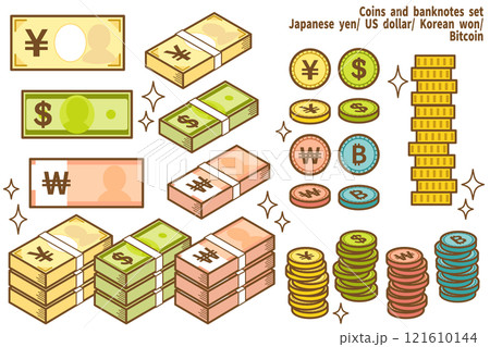 世界の硬貨と紙幣のイラストセット 121610144