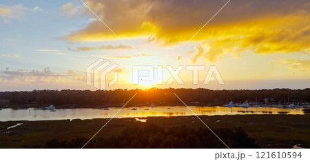 Beautiful sunset view over Isle of Hope at Savannah Georgia - aerial view 121610594