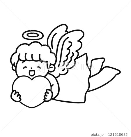 ハートを持ったかわいい天使 線画 ハートを持ったかわいい天使 線画 121610685