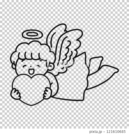 ハートを持ったかわいい天使 線画 ハートを持ったかわいい天使 線画 121610685