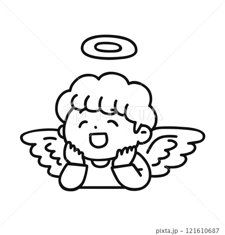 頬杖するかわいい天使　線画 121610687