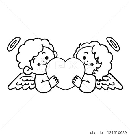 ハートを持ったかわいい天使たち　線画 121610689