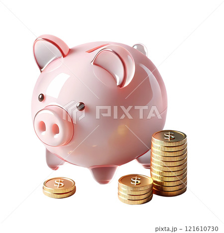 3d  pink piggy bank with golden coins 121610730
