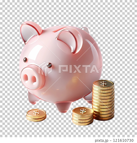 3d  pink piggy bank with golden coins 121610730