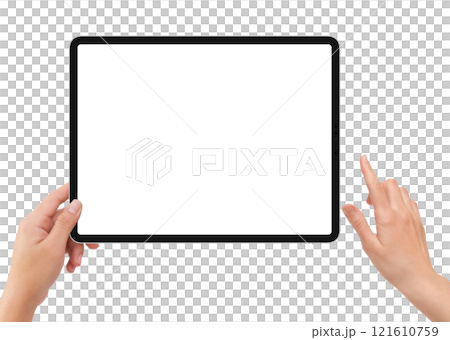 Isolated human left hand holding black tablet computer 121610759