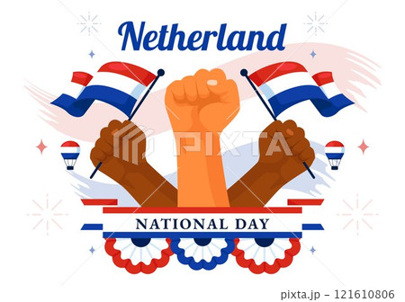 Happy Netherlands National Day Vector Illustration featuring the Netherlands Flag and a Sky Blue Background in a Flat Cartoon Style Design Happy Netherlands National Day Vector Illustration featuring the Netherlands Flag and a Sky Blue Background in a Flat Cartoon Style Design 121610806