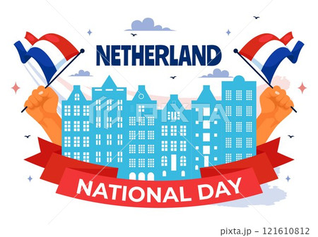 Happy Netherlands National Day Vector Illustration featuring the Netherlands Flag and a Sky Blue Background in a Flat Cartoon Style Design Happy Netherlands National Day Vector Illustration featuring the Netherlands Flag and a Sky Blue Background in a Flat Cartoon Style Design 121610812