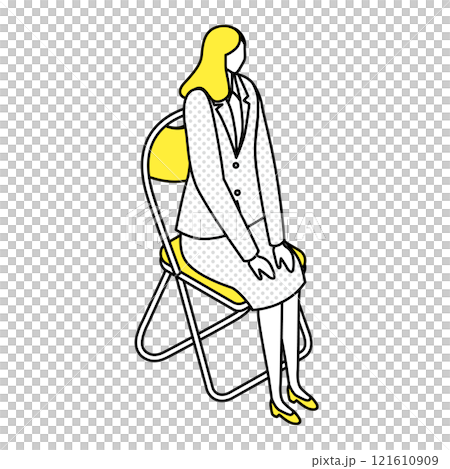 アイソメトリック_パイプ椅子にスーツ姿で座っている女性のイラスト 121610909