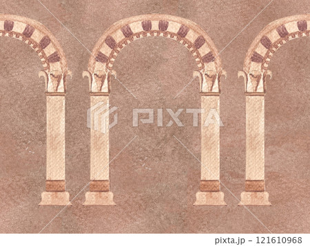 Stone greek ancient classic arch seamless border on mocha background. High quality architecture watercolor illustration for cards, tape, decor and design. Decorative residence image in beige color 121610968