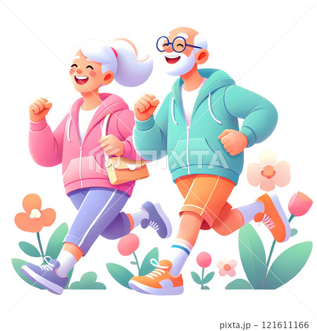 elderly couple jogging together 121611166