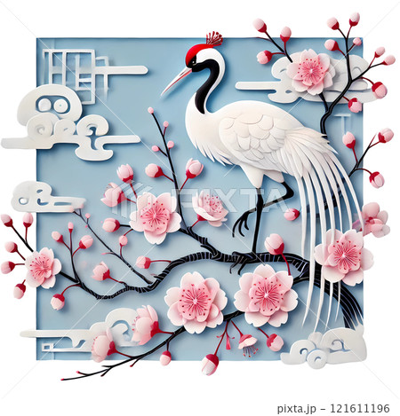Lunar New Year cherry blossom with red crown crane  121611196