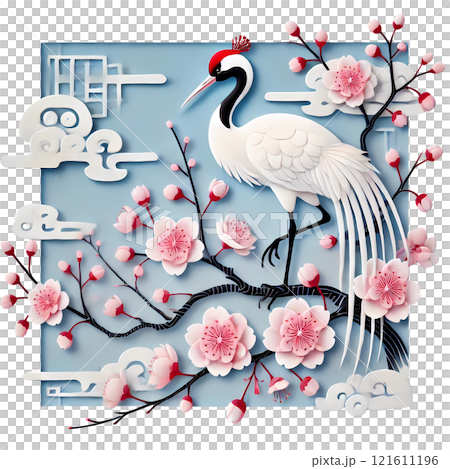 Lunar New Year cherry blossom with red crown crane  121611196