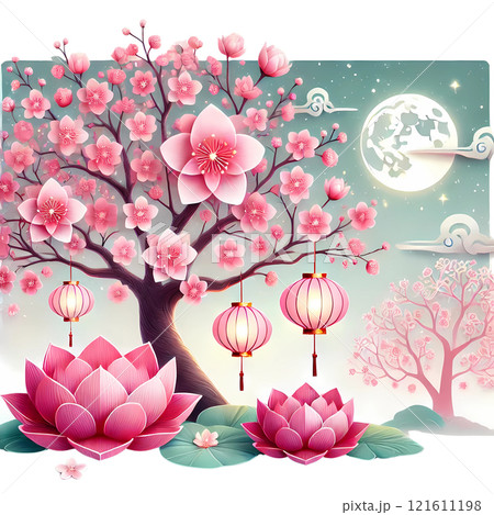 new year cherry blossom with red lantern and lotus  121611198