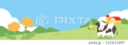 牛がいる牧場のバナー背景イラスト 121611897