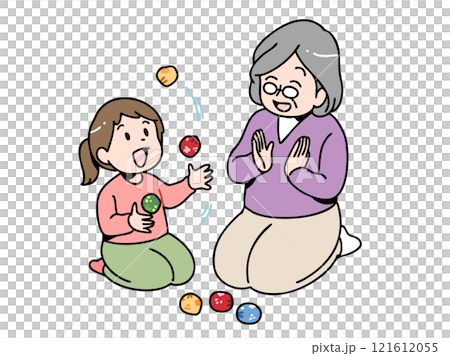 A child being taught how to juggle by his grandmother 121612055