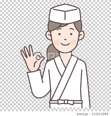 OKサインを出す女性板前さん上半身イラスト 121612094