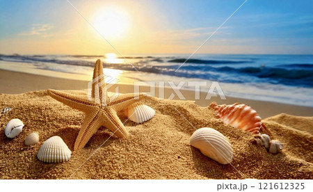 夕陽に照らされる砂浜の貝殻 夕陽に照らされる砂浜の貝殻 121612325