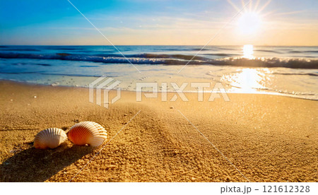 夕陽に照らされる砂浜の貝殻 夕陽に照らされる砂浜の貝殻 121612328