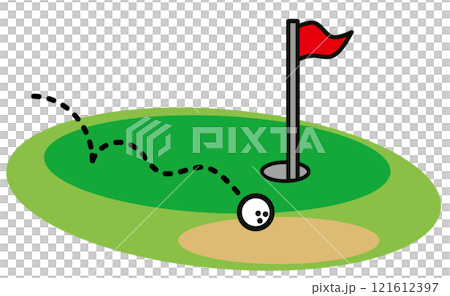 趣味のゴルフで失敗してボールがグリーンから外れるイラスト 121612397