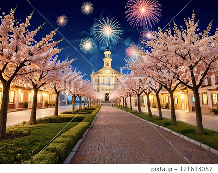 教会がある街の夜桜と花火 教会がある街の夜桜と花火 121613087