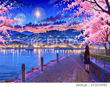 花火と桜が咲く港町-2 花火と桜が咲く港町-2 121613092