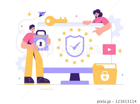 GDPR or General Data Protection Regulation Illustration featuring Cybersecurity, Personal Information Protection, and Access Control Verification 121613114