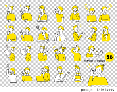 シンプルな女性と男性の人物表情イラストセット　ベクター素材モノトーン 121613445