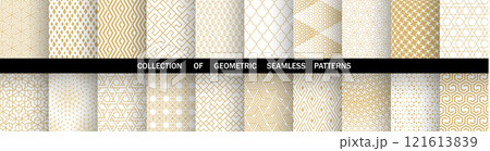 Geometric set of seamless golden and white patterns. Simple vector graphics. 121613839