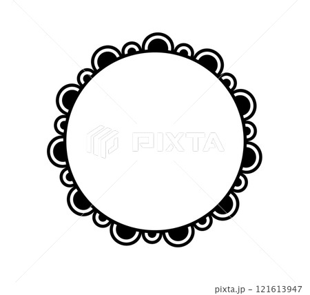 Scalloped edge circle frame. Simple round scalloped border. Fabric lace pattern frame. Repeat cute vintage frill ornament. Texture ribbon. Vector illustration isolated on white background. 121613947