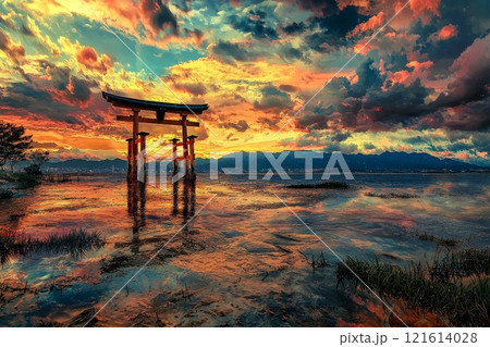 厳島神社の鳥居が浮かぶ幻想的な夕景 121614028