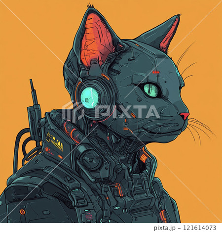 サイバーパンク調の猫のロボット　AI画像 121614073